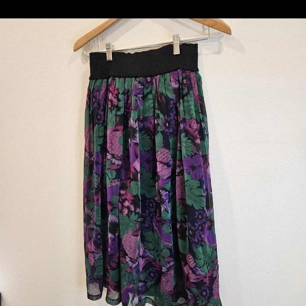 Vintage Pull-On Midi Skirt S/M Gauzy Dark Floral Overlay